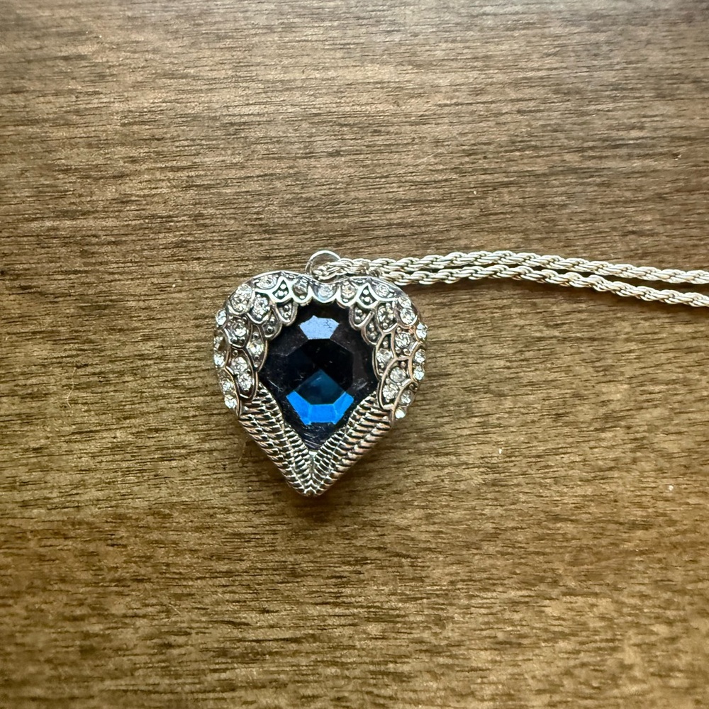 Silver Heart Necklace with Blue Gemstone 24 inches